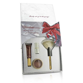 The Glimmer Gift Box: 1x PureGloss Lip Gloss, 1x 24 Karat Gold Dust Shimmer Powder, 1x Mini Just Kissed Lip & Cheek Stain, 1x White Fan Brush (Travel Size)